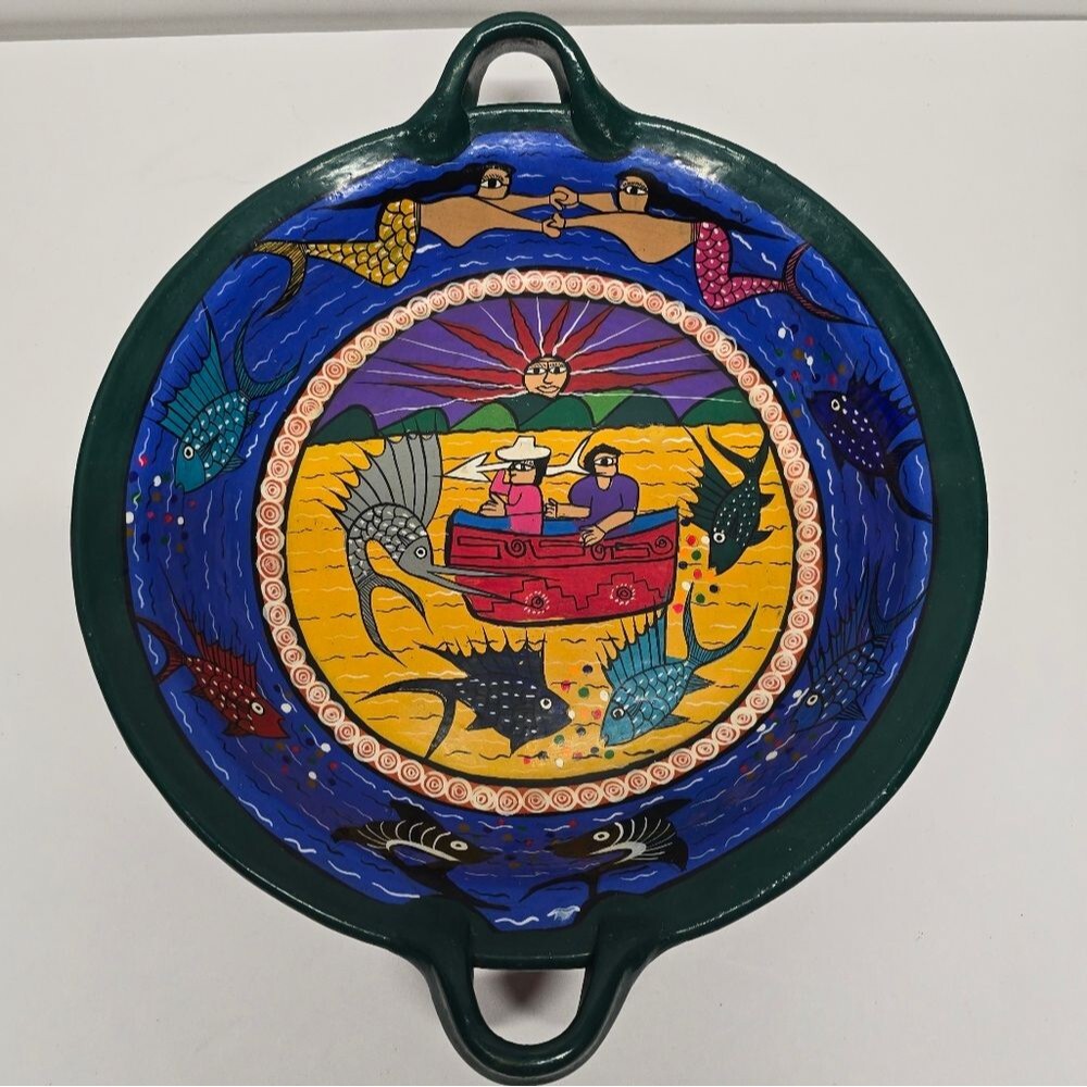 Vintage MEXICAN Ixtapa Terracotta Pottery Folk Art Hand Painted Large Bowl